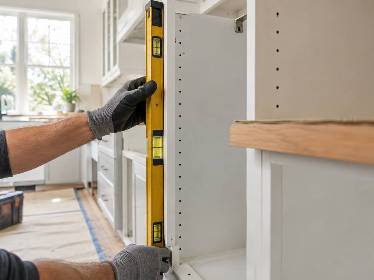 An installer holds a level against a cabinet box while fitting it to the wall.