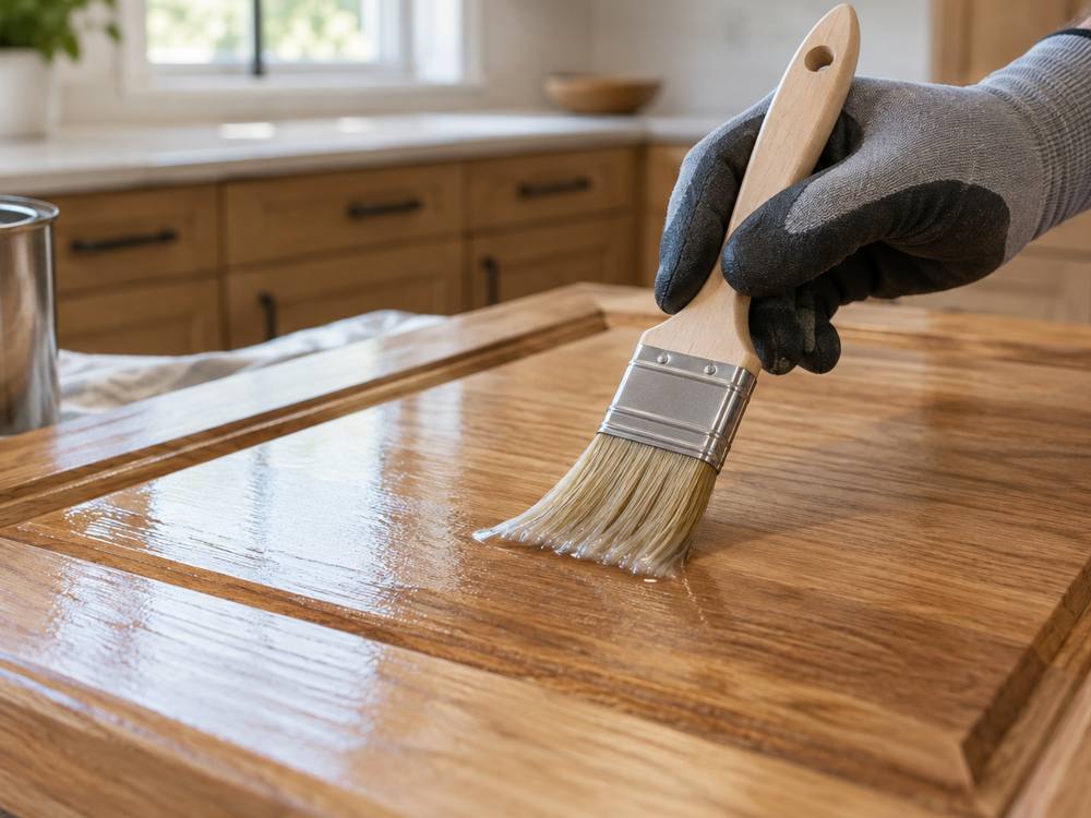 Brushing clear finish onto a stained oak door with a gloved hand