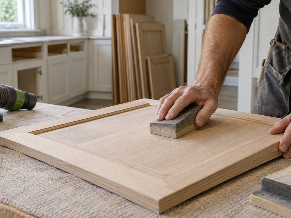 Hand sanding a raised-panel oak door before primer, with more doors stacked behind