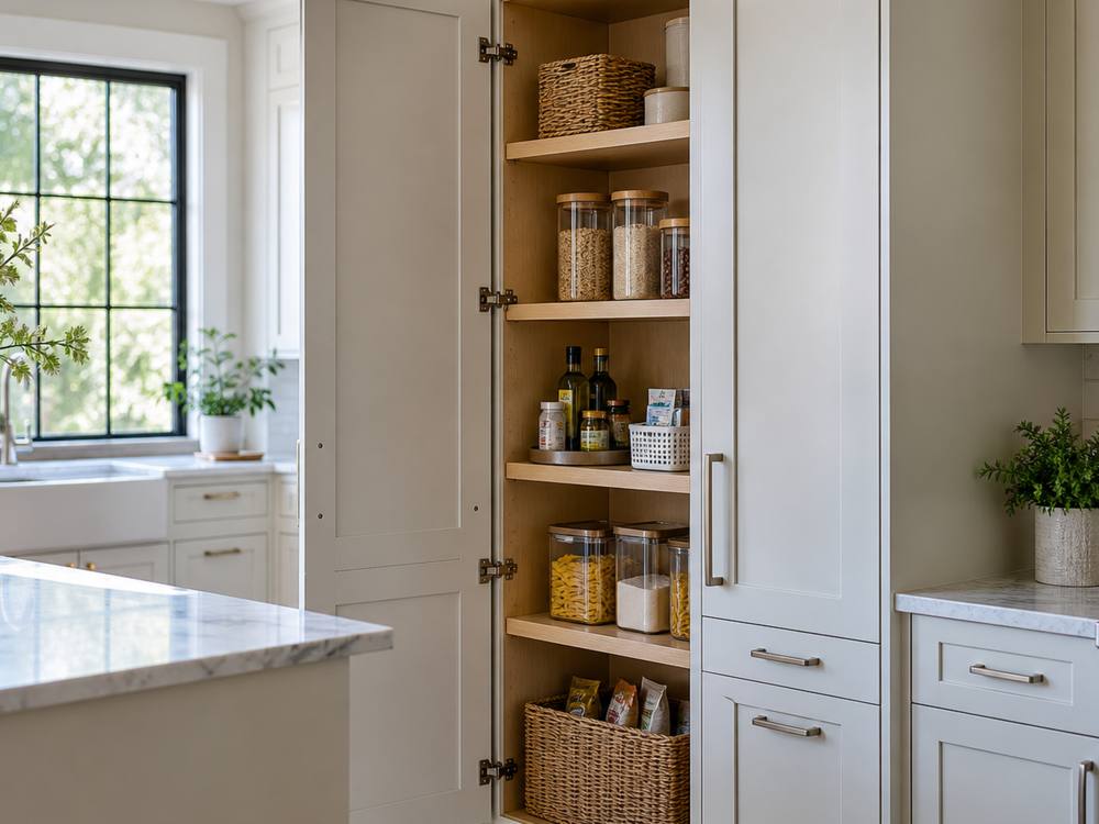 A tall painted pantry cabinet with open shelves of jars and baskets