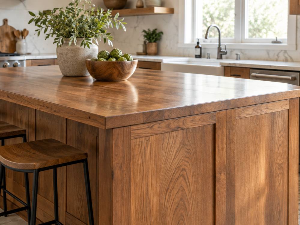 A refinished oak kitchen island with a warm clear finish and stools