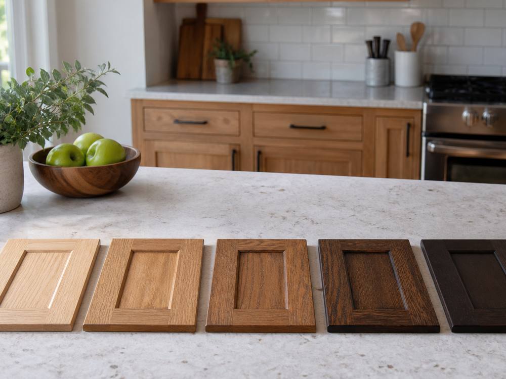 Five sample doors in stains from light oak to dark espresso