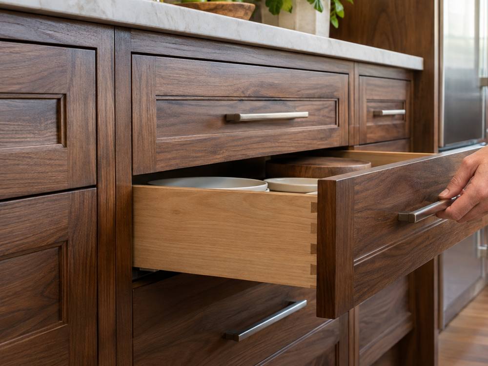 Walnut cabinet drawers with brushed pulls, one open to show dovetail joints