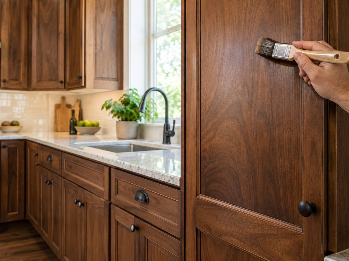 A dark walnut stained kitchen with the grain showing through a clear finish.