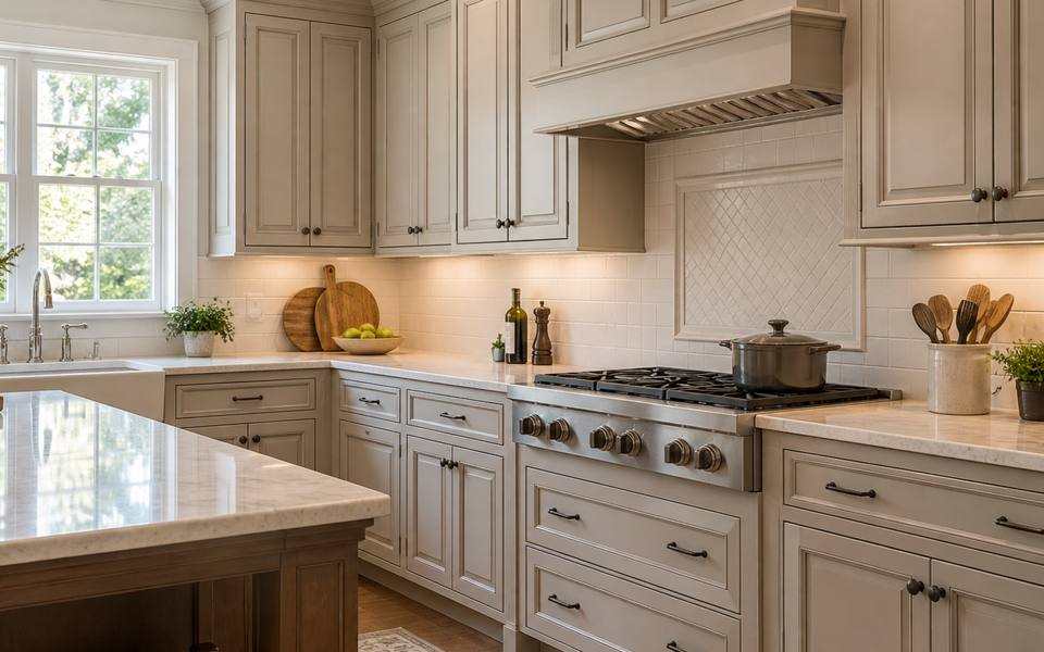 A close view of warm greige cabinet doors fitted with brass knobs.