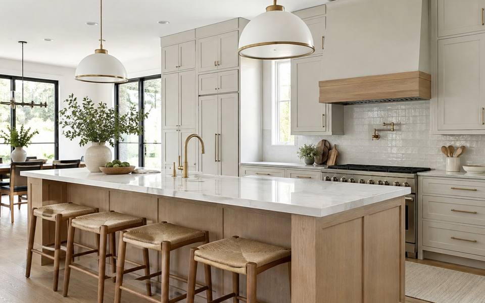 An open-plan kitchen with an island lit by hanging pendant lights.
