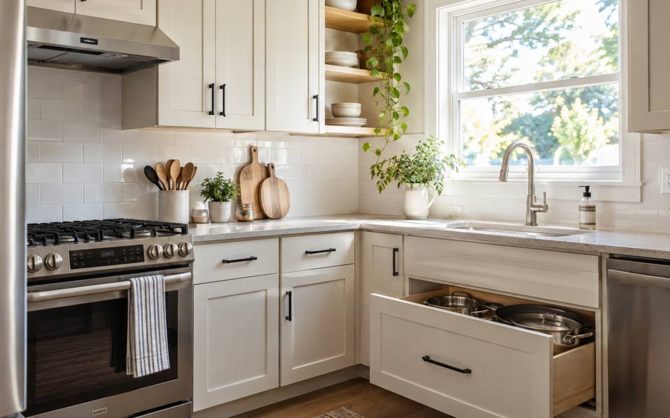 A compact white painted kitchen inside a small Brampton home.