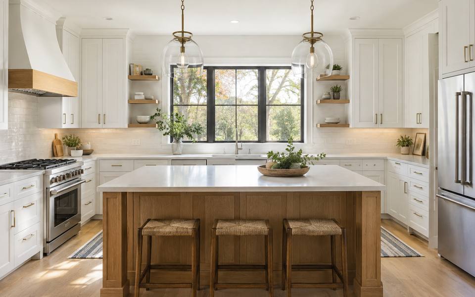 A cream remodelled kitchen built around a large central island.