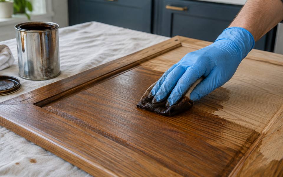 A cloth wipes fresh stain along the rail of a wood cabinet door.