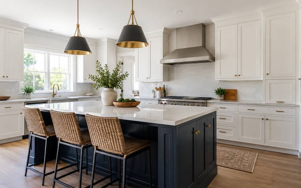 A navy blue island sits in front of white perimeter cabinets.
