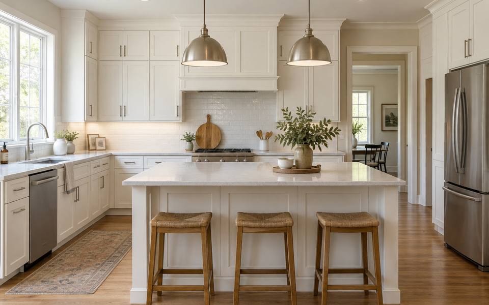 A bright white shaker kitchen with a painted island and a range.