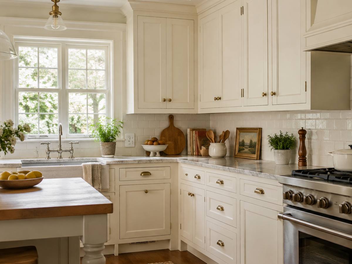 A cream painted cottage-style kitchen fitted with thick wood countertops.